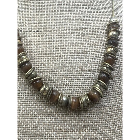 Tiger Eye Brown & Silver Beaded Necklace With Adjustable Chain - Picture 2 of 5